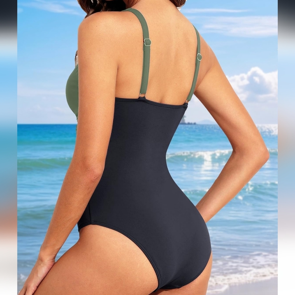 TEMPT ME Olive and Black Women's One-Piece Swimsuit - Picture 7 of 9